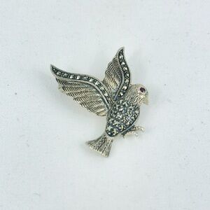 Vintage Art Deco Style Sterling Silver With Marcasite & Ruby Eye Dove Brooch